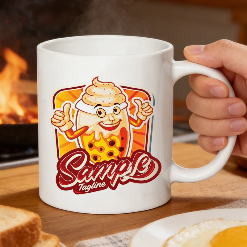 Tailorly White Ceramic 11 oz Mug - Sample Tagline Cheerful Cartoon Character Giving Thumbs Up With Radiant Background Character