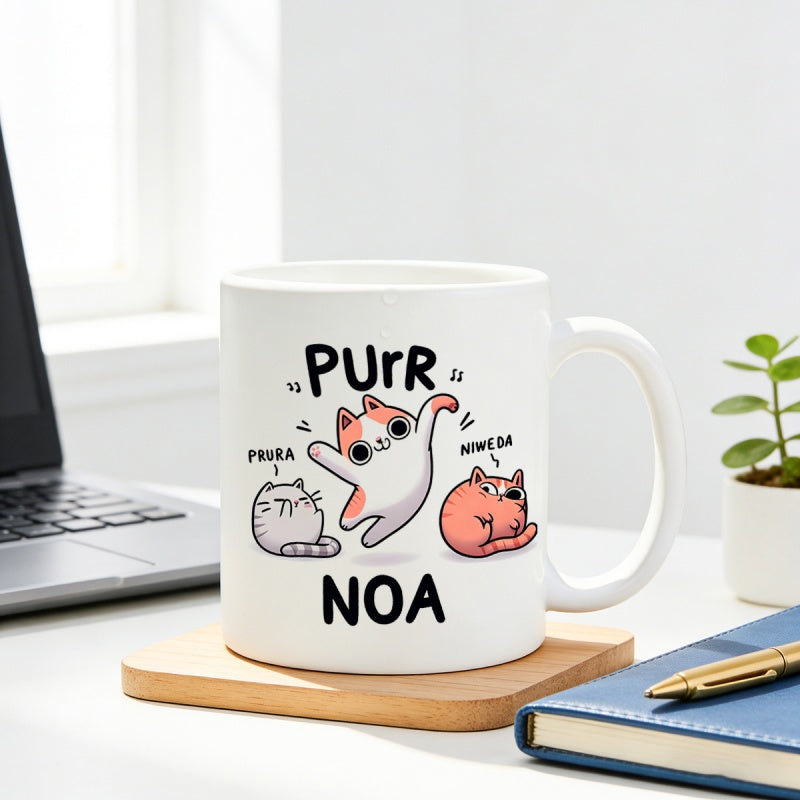 Tailorly White Ceramic 11 oz Mug - Purr Noa Three Adorable Cartoon Kittens Playing And Jumping In Joyous Poses Cat