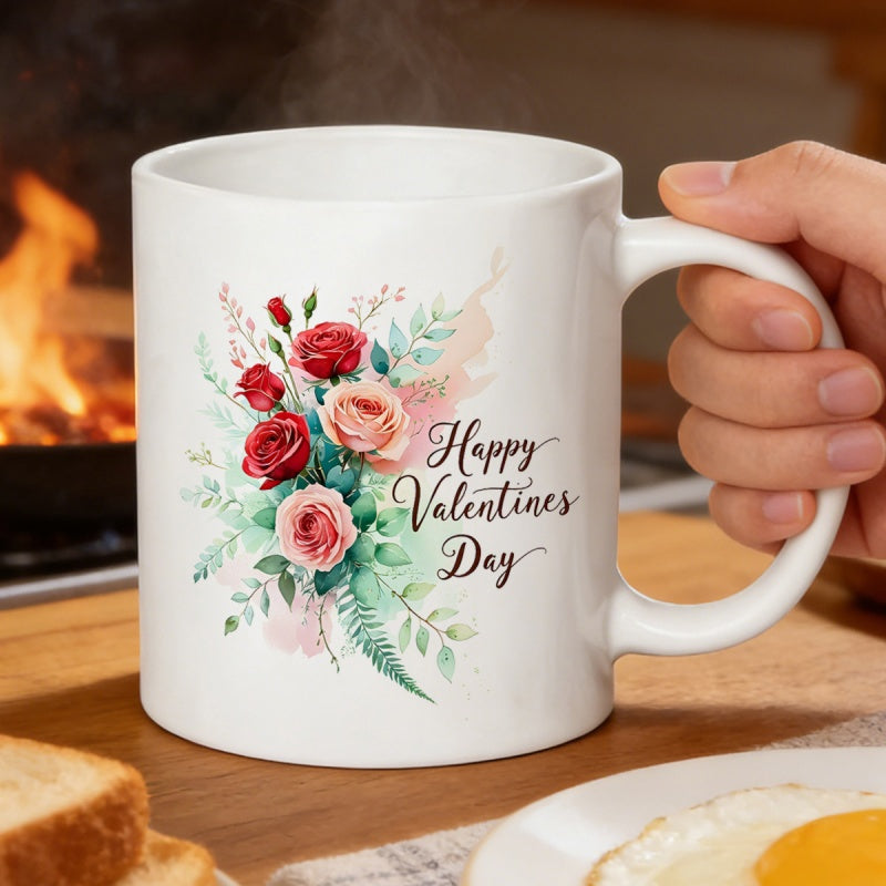 Tailorly White Ceramic 11 oz Mug - Happy Valentines Day Watercolor Bouquet Of Red And Pink Roses With Delicate Green Leaves Flower