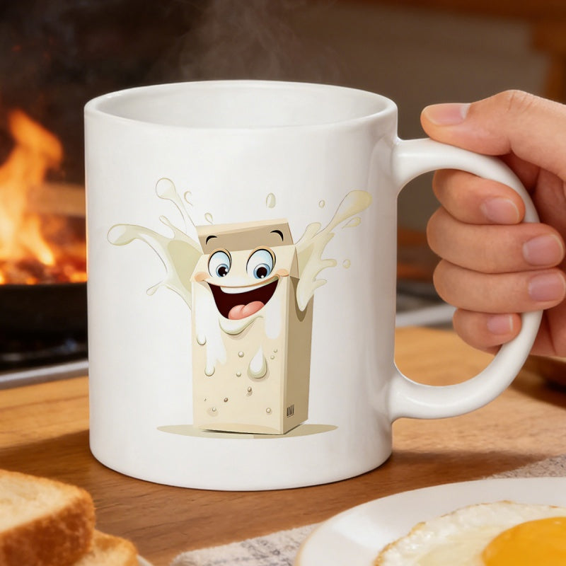 Tailorly White Ceramic 11 oz Mug - Happy Smiling Cartoon Character Splashing Fresh White Milk From Inside Carton