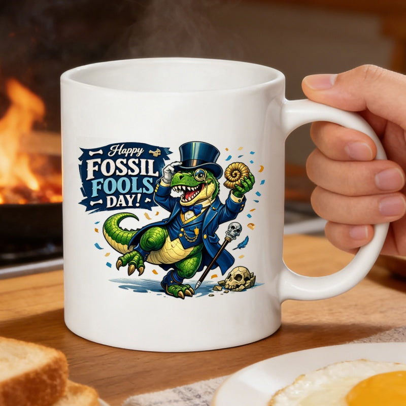 Tailorly White Ceramic 11 oz Mug - Happy Fossil Fools Day Sophisticated Dapper Dinosaur Wearing A Blue Tuxedo Holding An Ancient Shell Dinosaur