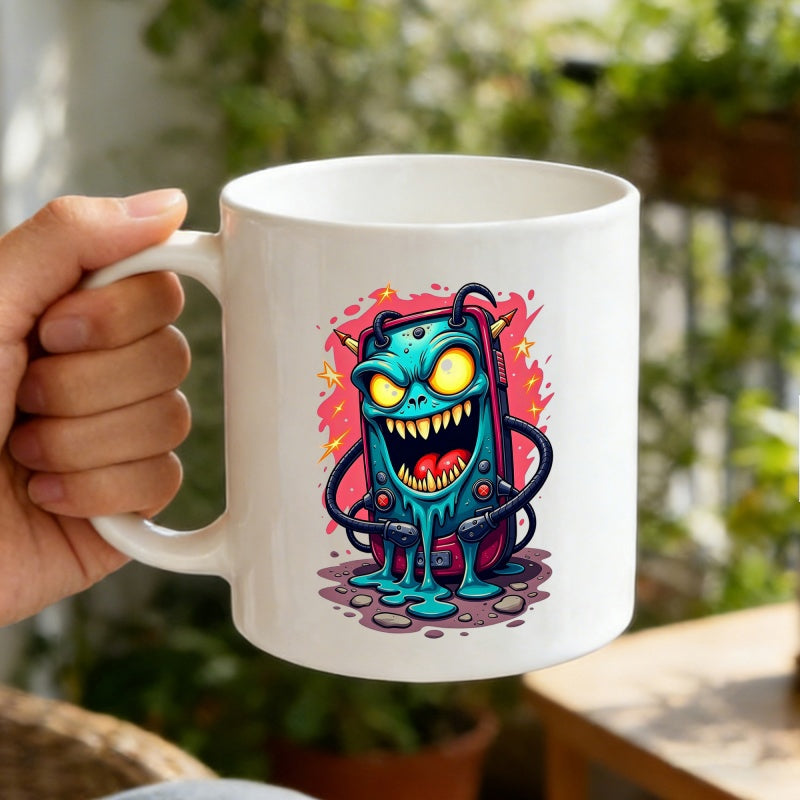 Tailorly White Ceramic 11 oz Mug - Grinning Teal Toaster Style Creature With Sharp Teeth And Glowing Eyes Monster