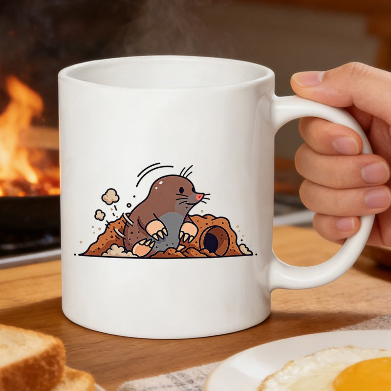 Tailorly White Ceramic 11 oz Mug - Cute Cartoon Animal Emerging From Brown Earth Dirt Mound Mole