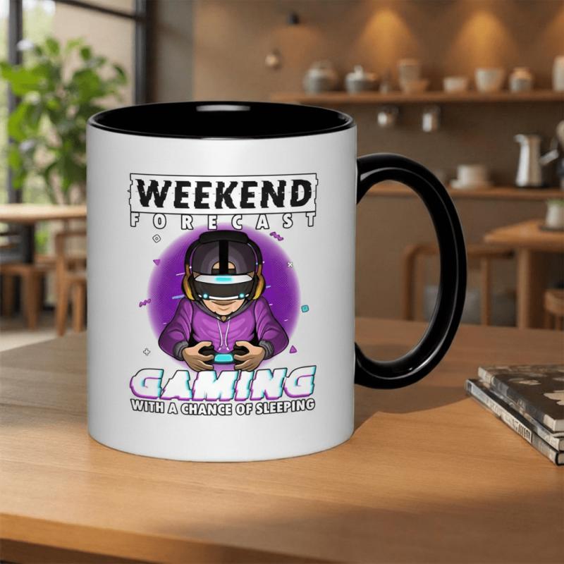 Tailorly Black Accent 11 oz Mug - weekend forecast gaming with a of sleeping