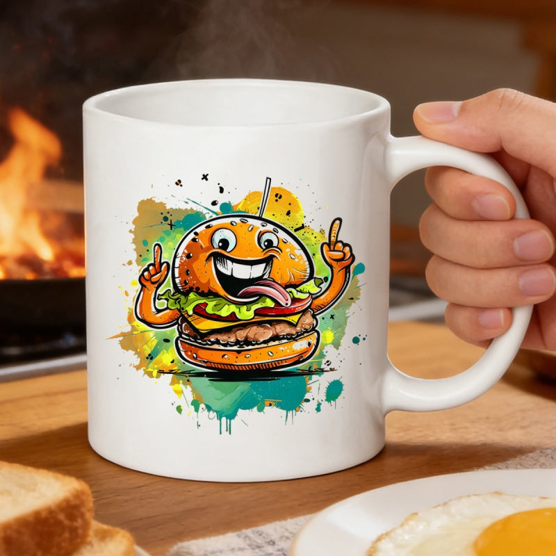 Tailorly White Ceramic 11 oz Mug - Smiling Cartoon Hamburger With Pointing Arms Surrounded By Vibrant Paint Splatters Burger