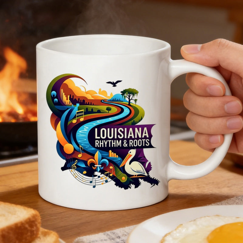Tailorly White Ceramic 11 oz Mug - Louisiana Rhythm Roots Colorful Abstract Flowing River With Musical Notes And Iconic State Symbols Emblem
