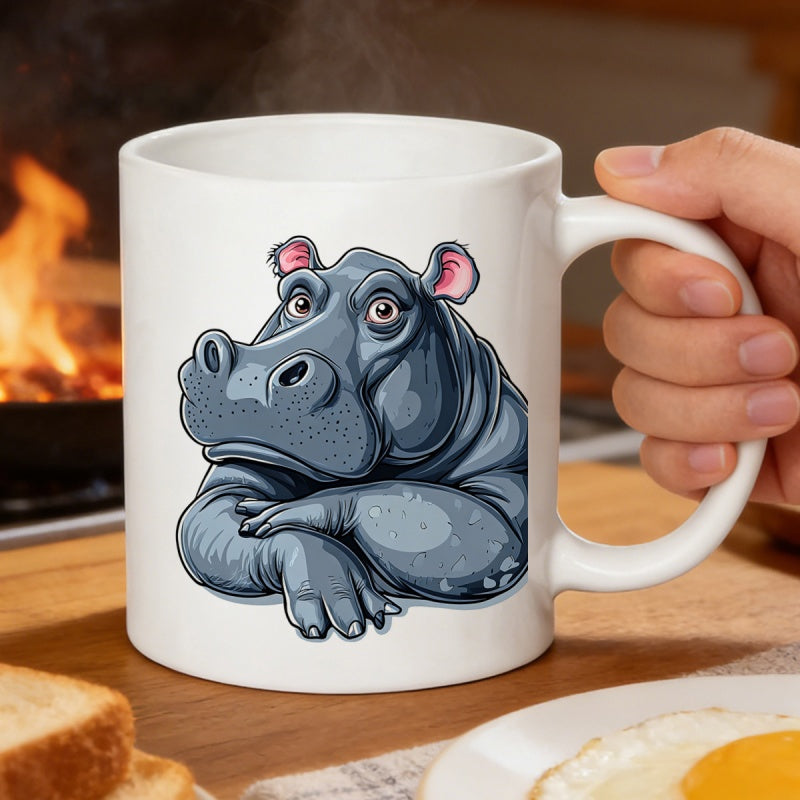 Tailorly White Ceramic 11 oz Mug - Charming Cartoon Hippopotamus Resting Calmly With Crossed Paws In Gentle Lighting Hippo