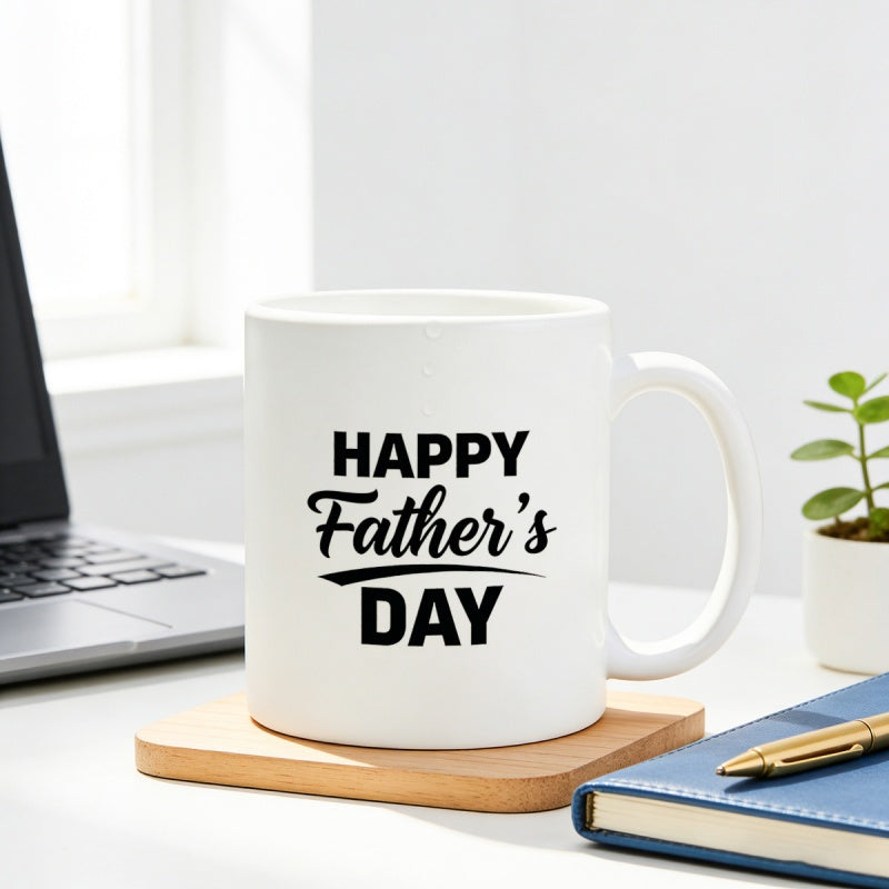 Tailorly White Ceramic 11 oz Mug - Happy Father's Day Simple White Ceramic Design Resting On A Small Wooden Coaster Mug