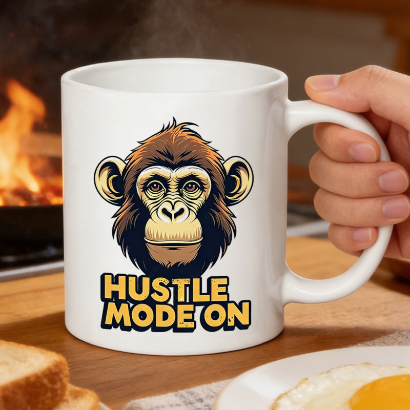 Tailorly White Ceramic 11 oz Mug - Hustle Mode On Detailed Brown Furred Chimpanzee Face With Focused Expression Monkey