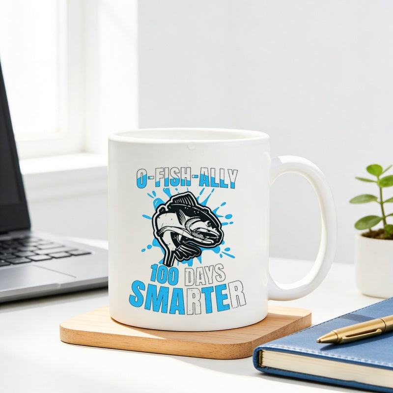 Tailorly White Ceramic 11 oz Mug - O Fish Ally 100 Days Smarter Stylized Jumping Aquatic Creature Among Playful Blue Water Splashes Fish