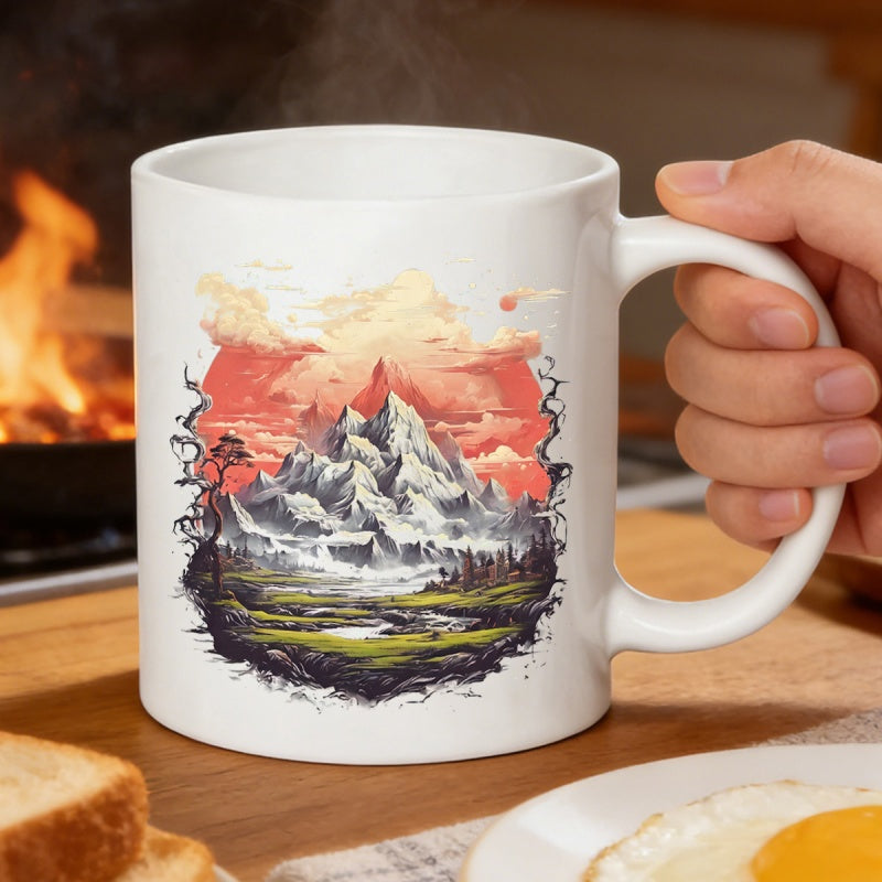 Tailorly White Ceramic 11 oz Mug - Snow Capped Mountain Under Sunset Clouds Above A Peaceful Green Valley Mountain