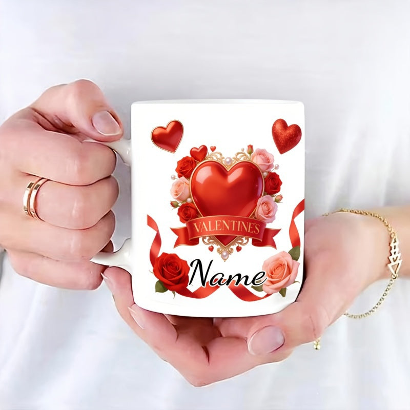 Tailorly White Ceramic 11 oz Mug - Valentines Name Romantic Red Roses With Ribbons And Floating Golden Accents Heart