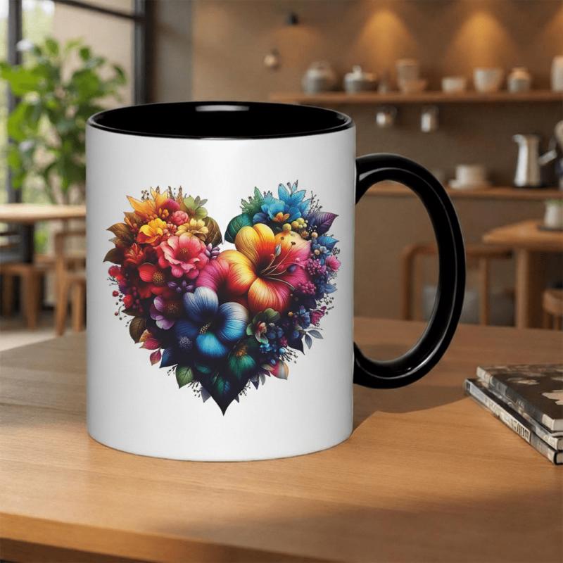 Tailorly Black Accent 11 oz Mug - vibrant heart shaped floral arrangement with tropical