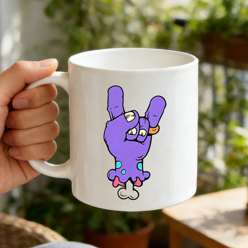 Tailorly White Ceramic 11 oz Mug - Purple Stylized Monster With Severed Bone And Blue Spots Zombie Hand