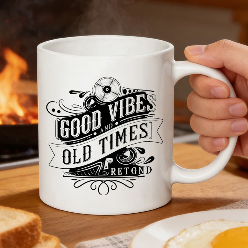Tailorly White Ceramic 11 oz Mug - Good Vibes And Old Times Retro Vintage Film Reel Among Decorative Black Scrolls And Elegant Flourishes Mug