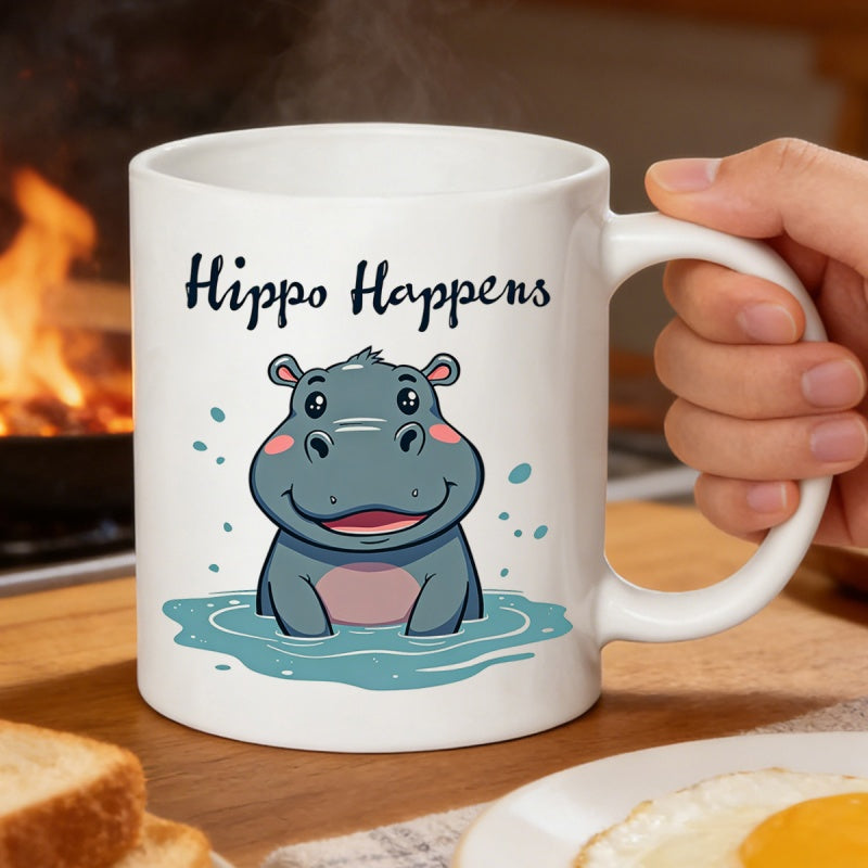 Tailorly White Ceramic 11 oz Mug - Hippo Happens Adorable Cartoon Smiling In The Cool Blue Splashing Water Hippo