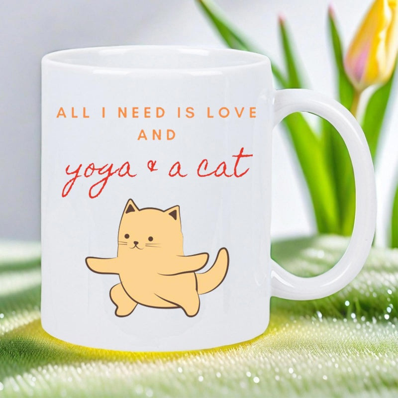 Tailorly White Ceramic 11 oz Mug - All I Need Is Love And Yoga A Cat Cute Ginger Feline Stretching In Meditative Yoga Pose Surrounded By White Space Cat
