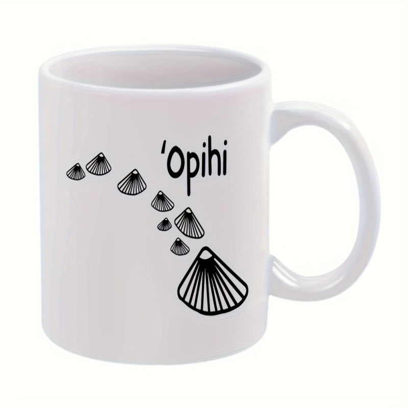 Tailorly White Ceramic 11 oz Mug - Opihi Artistic Black Line Drawings Arranged Like A Tropical Island Chain Shell