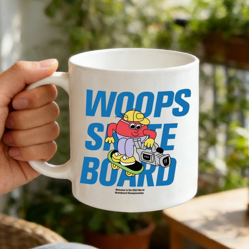 Tailorly White Ceramic 11 oz Mug - Woops Skate Board Retro Cartoon Person Wearing Yellow Cap And Sunglasses Riding A Skateboard Skateboarder