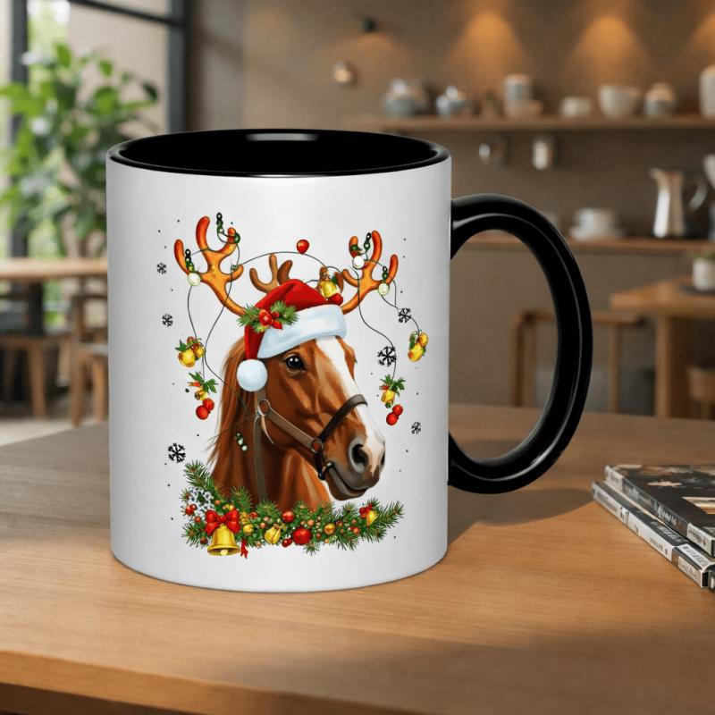 Tailorly Black Accent 11 oz Mug - christmas horse reindeer antlers santa hat bells wreath