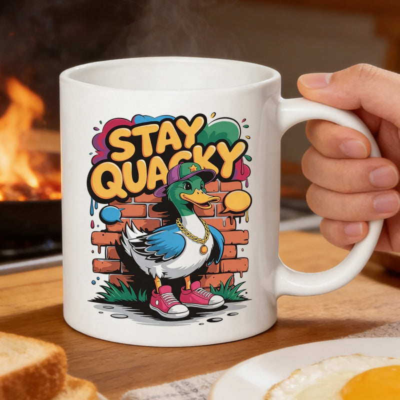 Tailorly White Ceramic 11 oz Mug - Stay Quacky Cool Cartoon Mallard Wearing Sneakers And Hat Against Brick Wall Duck