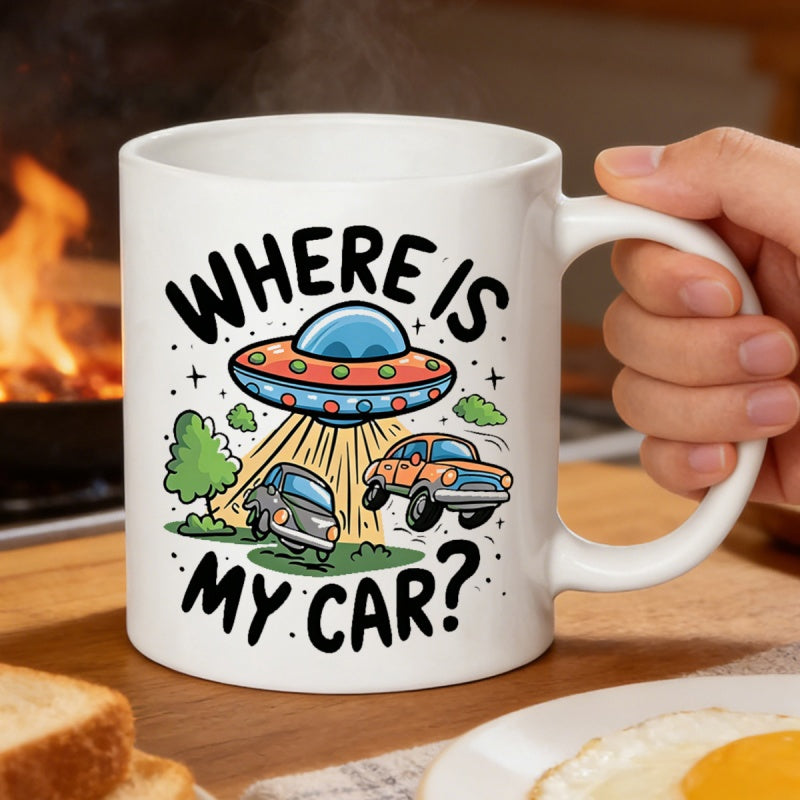 Tailorly White Ceramic 11 oz Mug - Where Is My Car Flying Saucer Abducting Vintage Vehicles Among Lush Green Forest Trees UFO