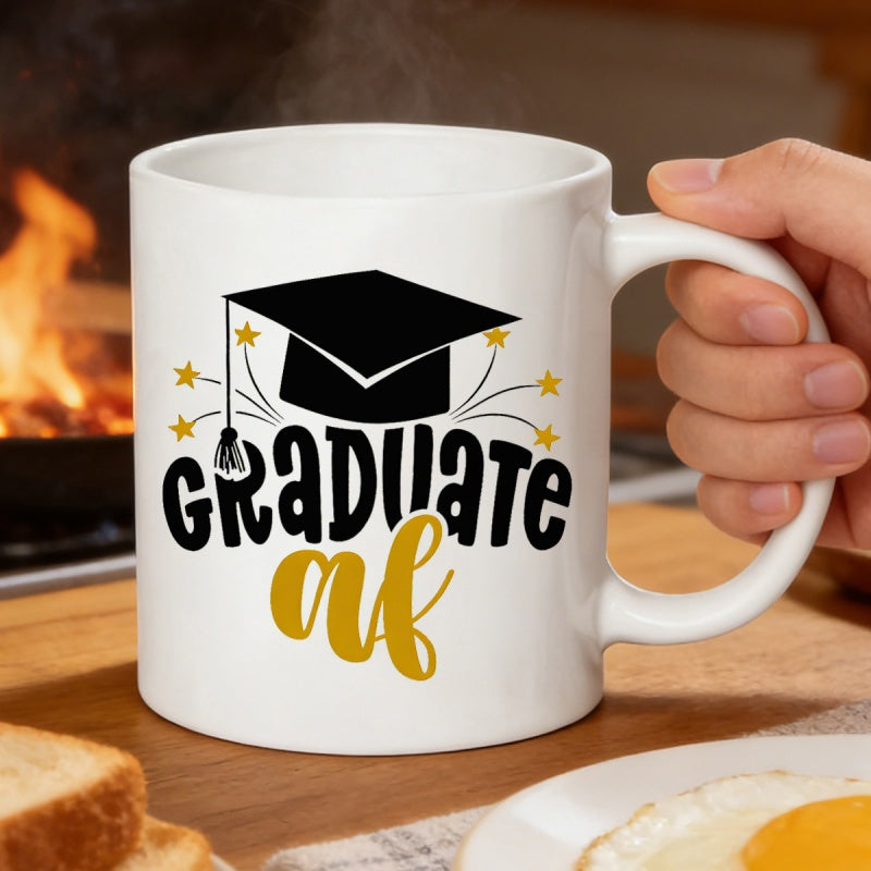 Tailorly White Ceramic 11 oz Mug - Graduate Af Black Graduation Mortarboard With Golden Stars And Decorative Academic Elements Cap