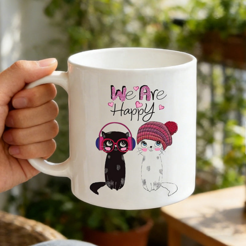 Tailorly White Ceramic 11 oz Mug - We Are Happy Adorable Small Kittens Wearing Bright Pink Headphones And Beanie Cat