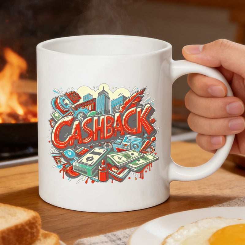 Tailorly White Ceramic 11 oz Mug - Cashback Vibrant Red Text Among Flying Dollar Bills And Urban City Skyline Illustration