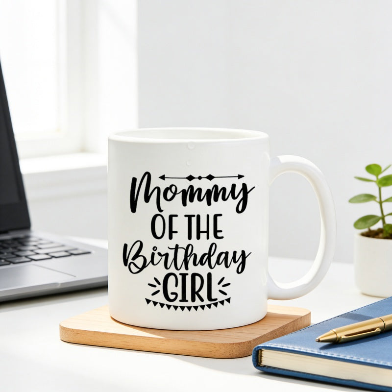 Tailorly White Ceramic 11 oz Mug - Mommy Of The Birthday Girl Minimalist White Ceramic Cup With Decorative Arrow And Festive Banner Detail Mug