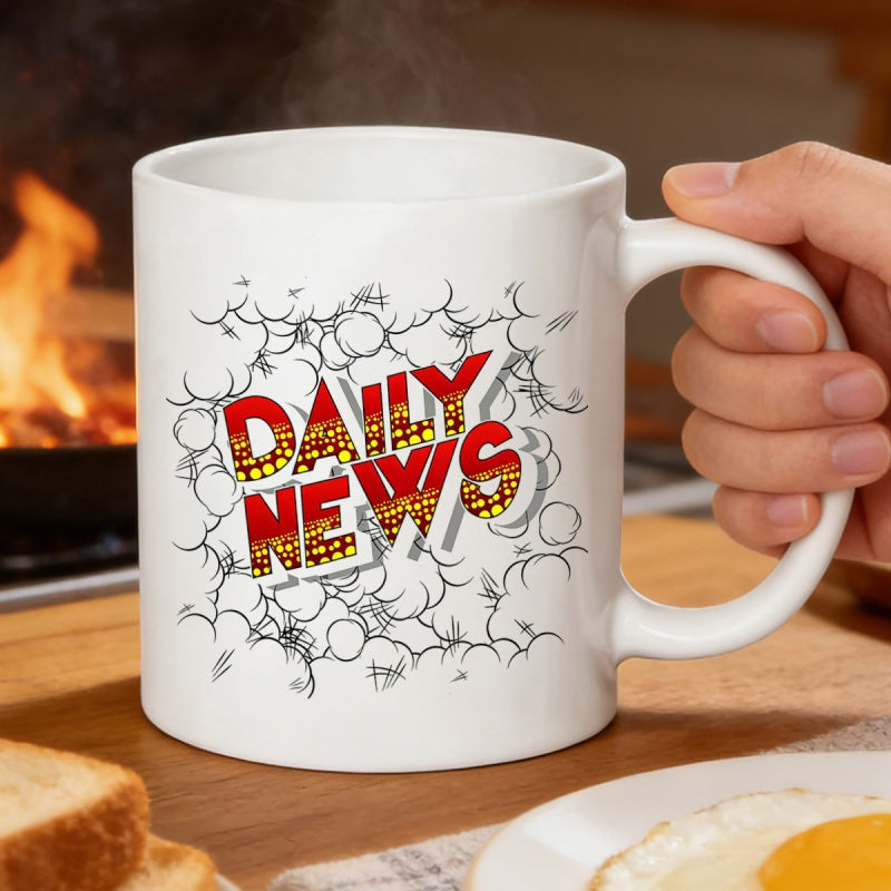 Tailorly White Ceramic 11 oz Mug - Daily News Comic Style Explosive Burst With Red Bold Letters And Clouds Art