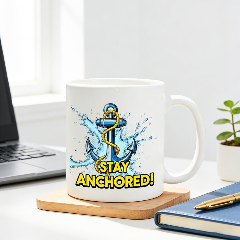 Tailorly White Ceramic 11 oz Mug - Stay Anchored Nautical Blue Marine Design Wrapped In Yellow Rope Amidst Splashing Water Anchor