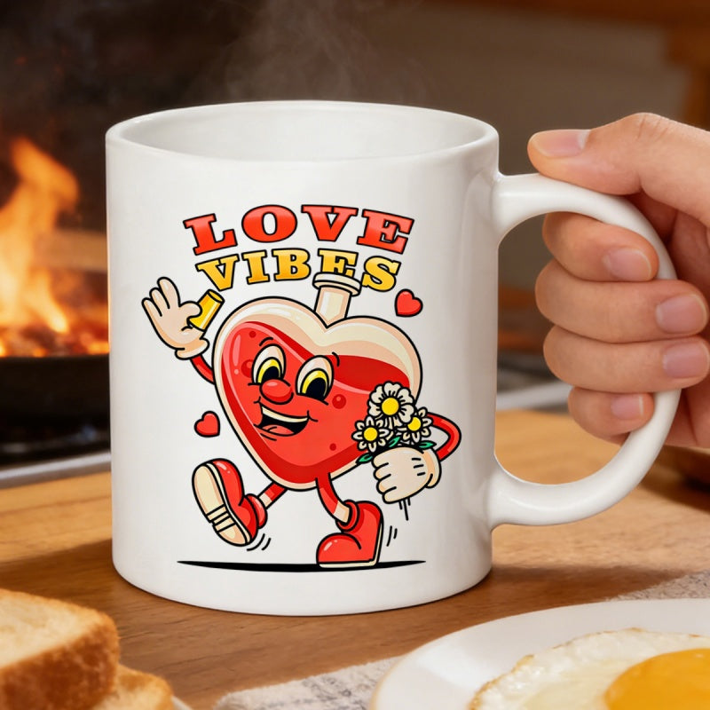 Tailorly White Ceramic 11 oz Mug - Love Vibes Vintage Cartoon Character Holding Flowers Walking In Rubber Hose Style Heart