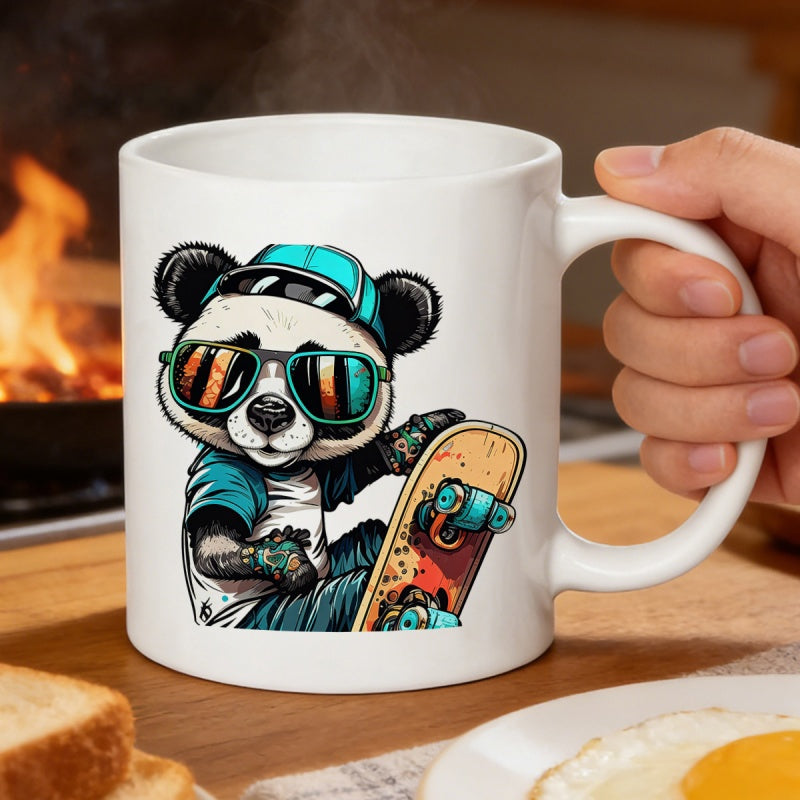 Tailorly White Ceramic 11 oz Mug - Cool Urban Skater Wearing Sunglasses And Cap Holding Wooden Skateboard Panda