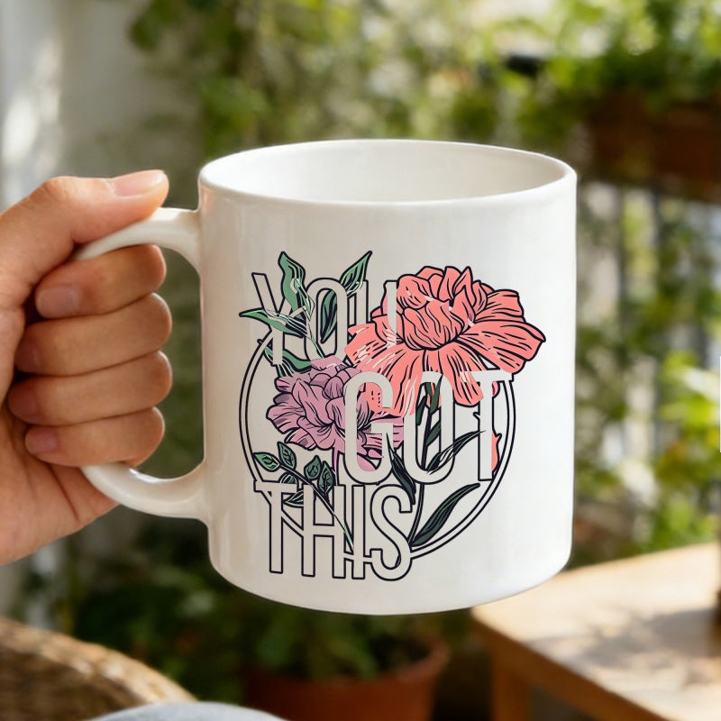 Tailorly White Ceramic 11 oz Mug - You Got This Blooming Pink And Purple Flowers Inside Circular Frame Flower