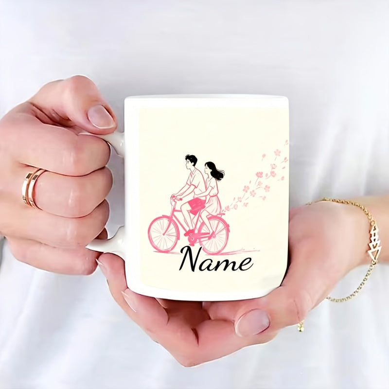 Tailorly White Ceramic 11 oz Mug - Name Romantic Couple Riding And Pedaling Among Falling Petals Flourishing Bicycle