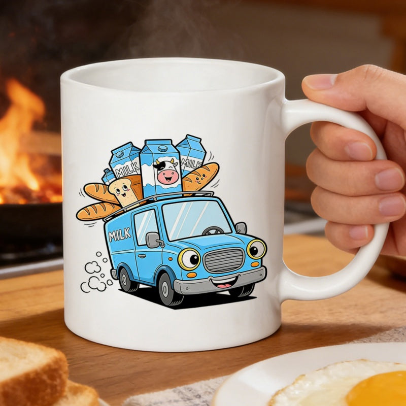 Tailorly White Ceramic 11 oz Mug - Milk Cheerful Blue Animated Delivery Vehicle Transporting Fresh Bread And Cold Milk Cartons Van