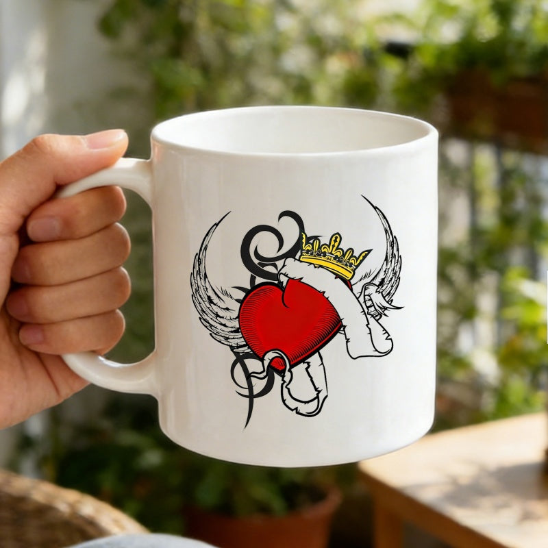 Tailorly White Ceramic 11 oz Mug - Vibrant Red Heart Wearing A Golden Crown With Spread Wings And Artistic Scrolls Heart