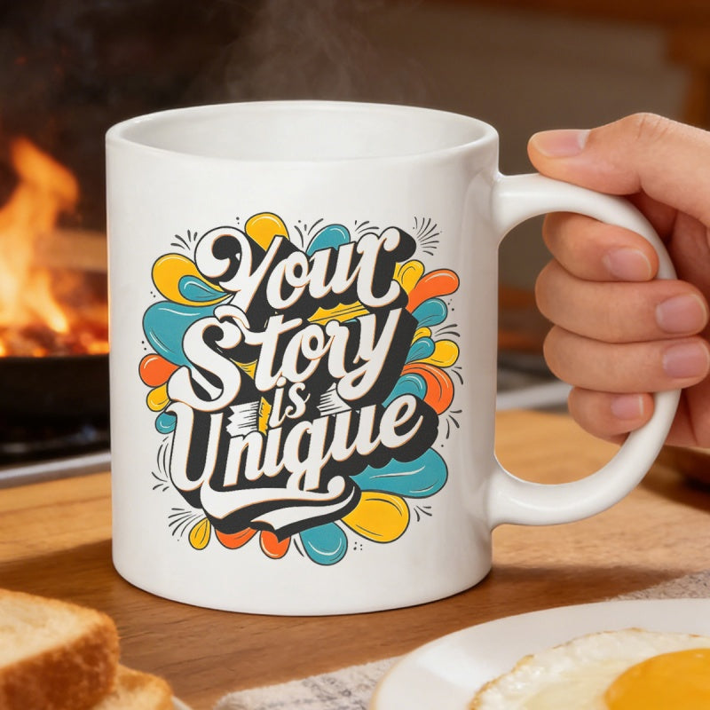 Tailorly White Ceramic 11 oz Mug - Your Story Is Unique Colorful Abstract Splashes With Vibrant Flowing Shapes And Decorative Pattern