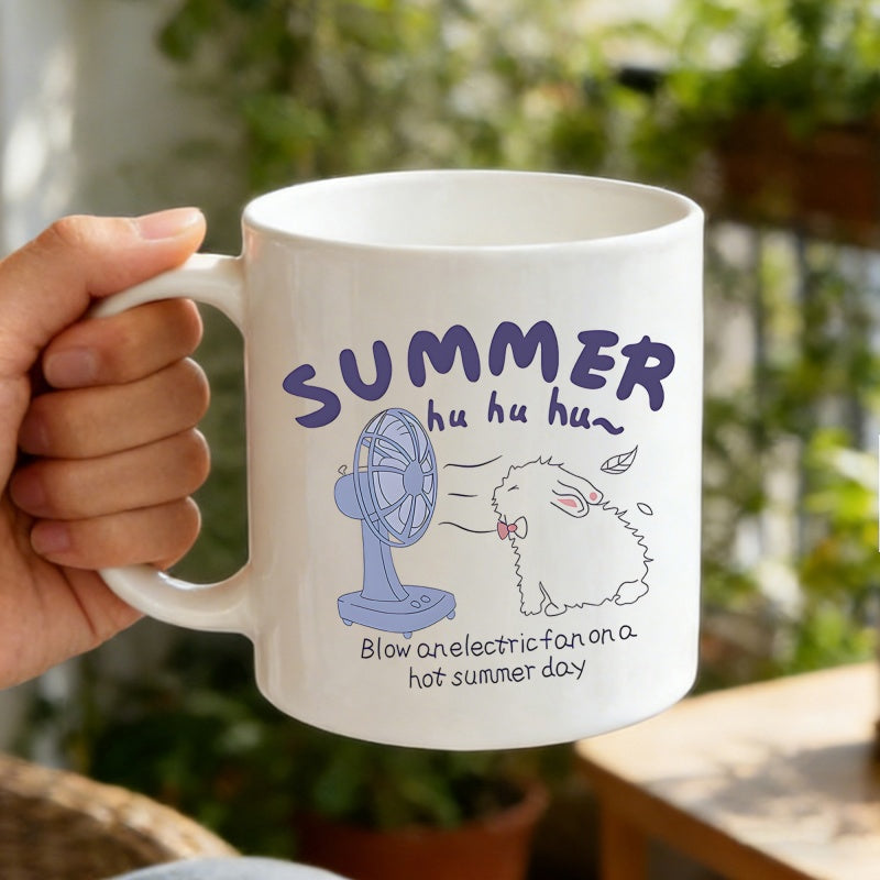 Tailorly White Ceramic 11 oz Mug - Summer Hu Hu Hu Blow An Electric Fan On A Hot Summer Day Adorable Fluffy Bunny Resting In Front Of A Cool Blue Electric Fan