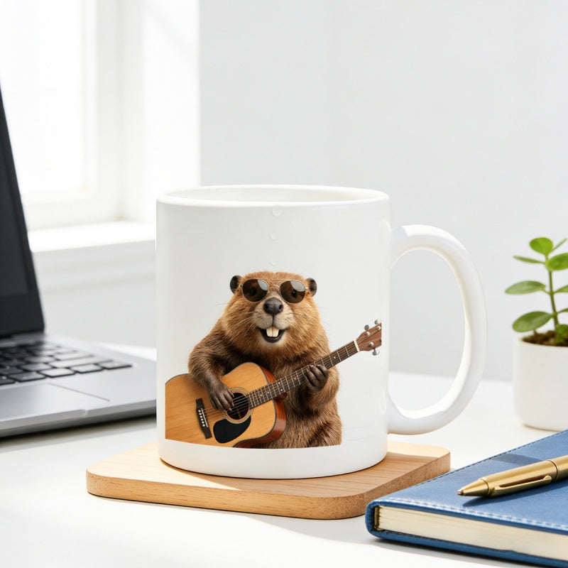 Tailorly White Ceramic 11 oz Mug - Cool Furry Animal Wearing Heart Shaped Sunglasses Playing An Acoustic Wooden Guitar Groundhog