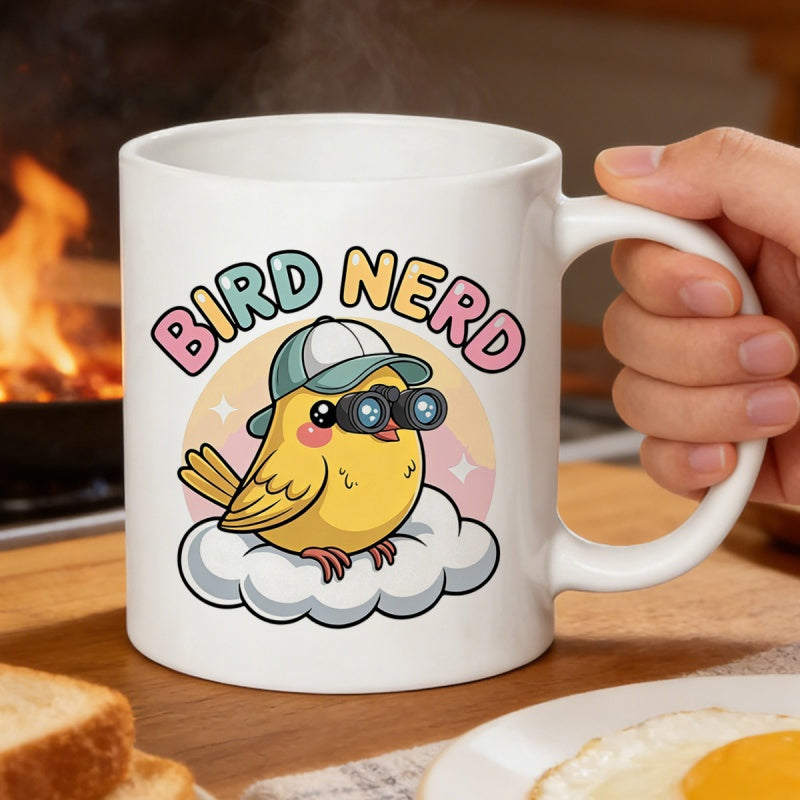 Tailorly White Ceramic 11 oz Mug - Bird Nerd Cute Yellow Cartoon Character Wearing Cap With Binoculars Sitting On Cloud Bird