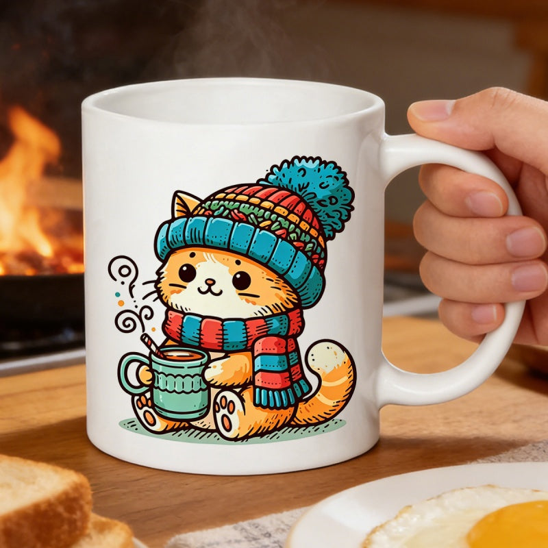 Tailorly White Ceramic 11 oz Mug - Cute Orange Kitten Wearing Knitted Beanie And Striped Scarf Holding Hot Cocoa Cat