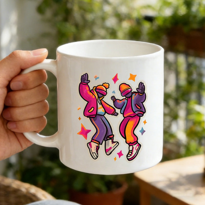 Tailorly White Ceramic 11 oz Mug - Vibrant Streetwear Dancers Joyfully Jumping Among Many Colorful Sparkling Stars Figures