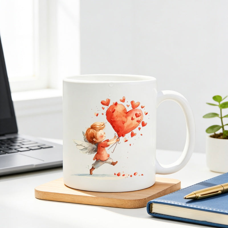 Tailorly White Ceramic 11 oz Mug - Whimsical Watercolor Angel Boy Running With Large Red Heart Shaped Balloon Cupid