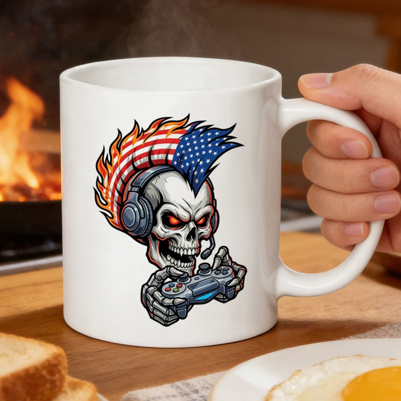 Tailorly White Ceramic 11 oz Mug - Edgy Gaming Skull Wearing American Flag Mohawk Holding Modern Wireless Controller Skull