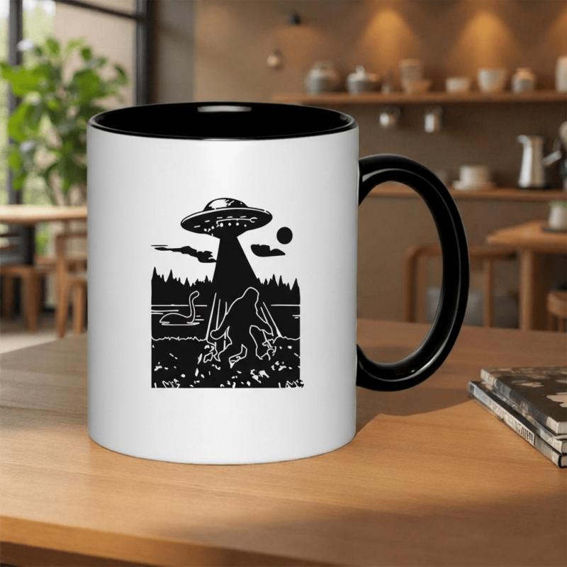 Tailorly Black Accent 11 oz Mug - a ufo meeting a mysterious creature