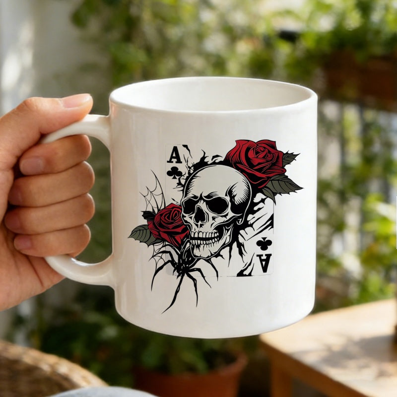 Tailorly White Ceramic 11 oz Mug - A Gothic Tattoo Style Featuring Dark Red Roses And Playing Card Skull