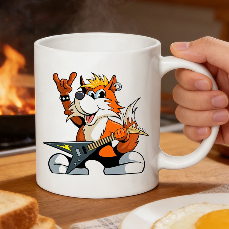 Tailorly White Ceramic 11 oz Mug - Cool Cartoon Character Playing Electric Guitar With Rock Hand Sign Fox