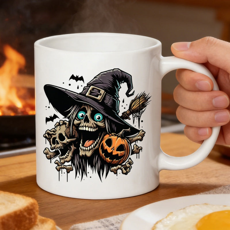 Tailorly White Ceramic 11 oz Mug - Spooky Halloween Character With Pointed Hat Holding A Carved Glowing Pumpkin Skeleton Witch